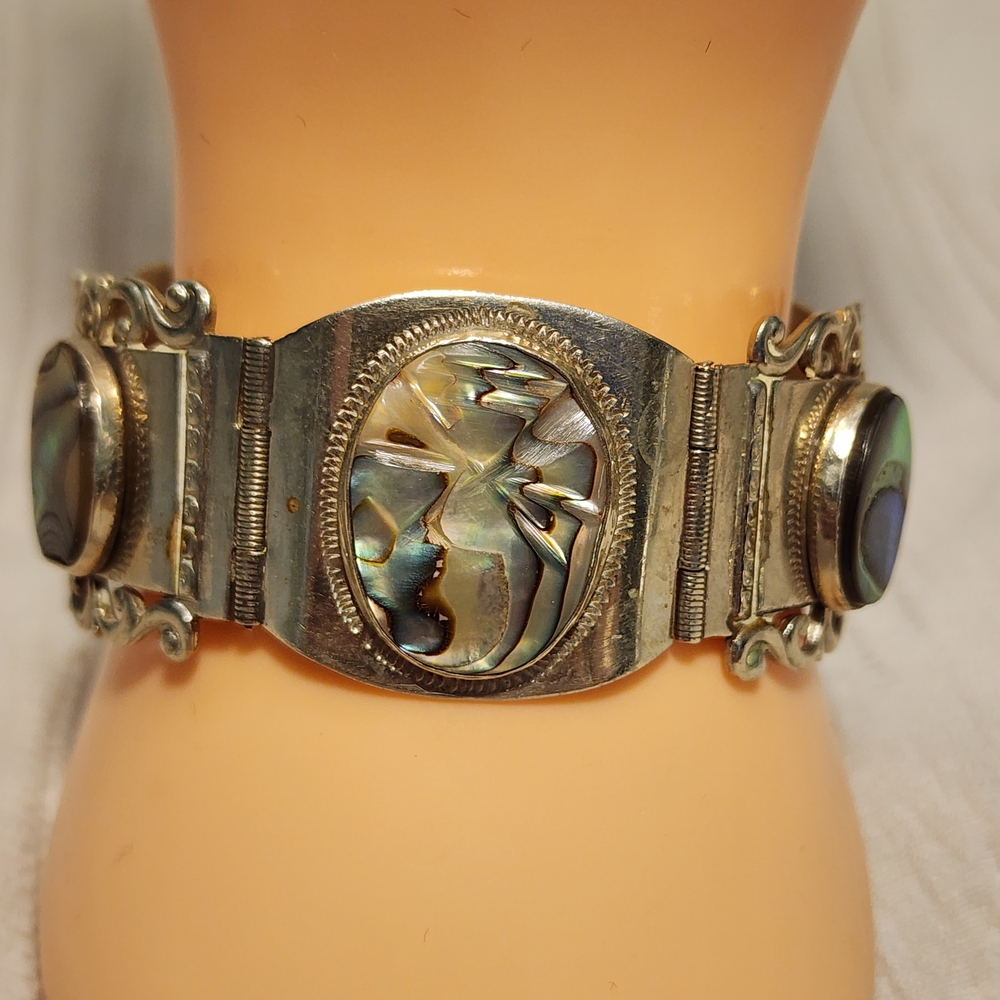 Vintage Taxco Sterling Silver 925 Abalone Panel Bracelet Mexico 7" Ornate - Picture 12 of 15